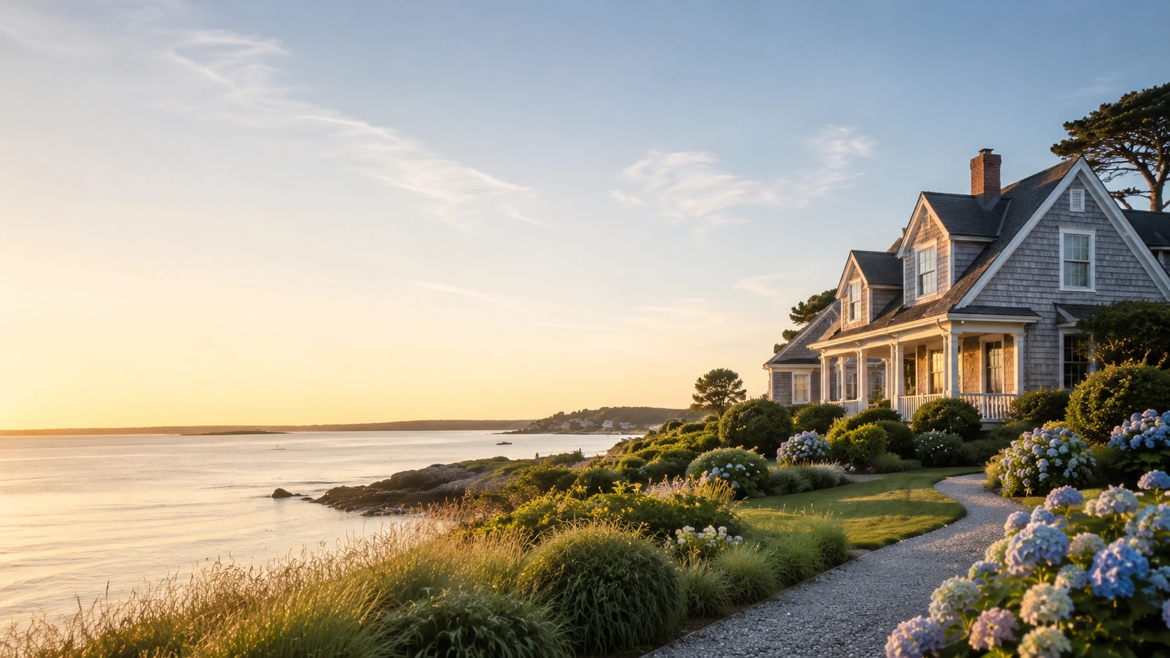 Cape Cod waterfront home with hydrangeas and coastal landscaping at golden hour