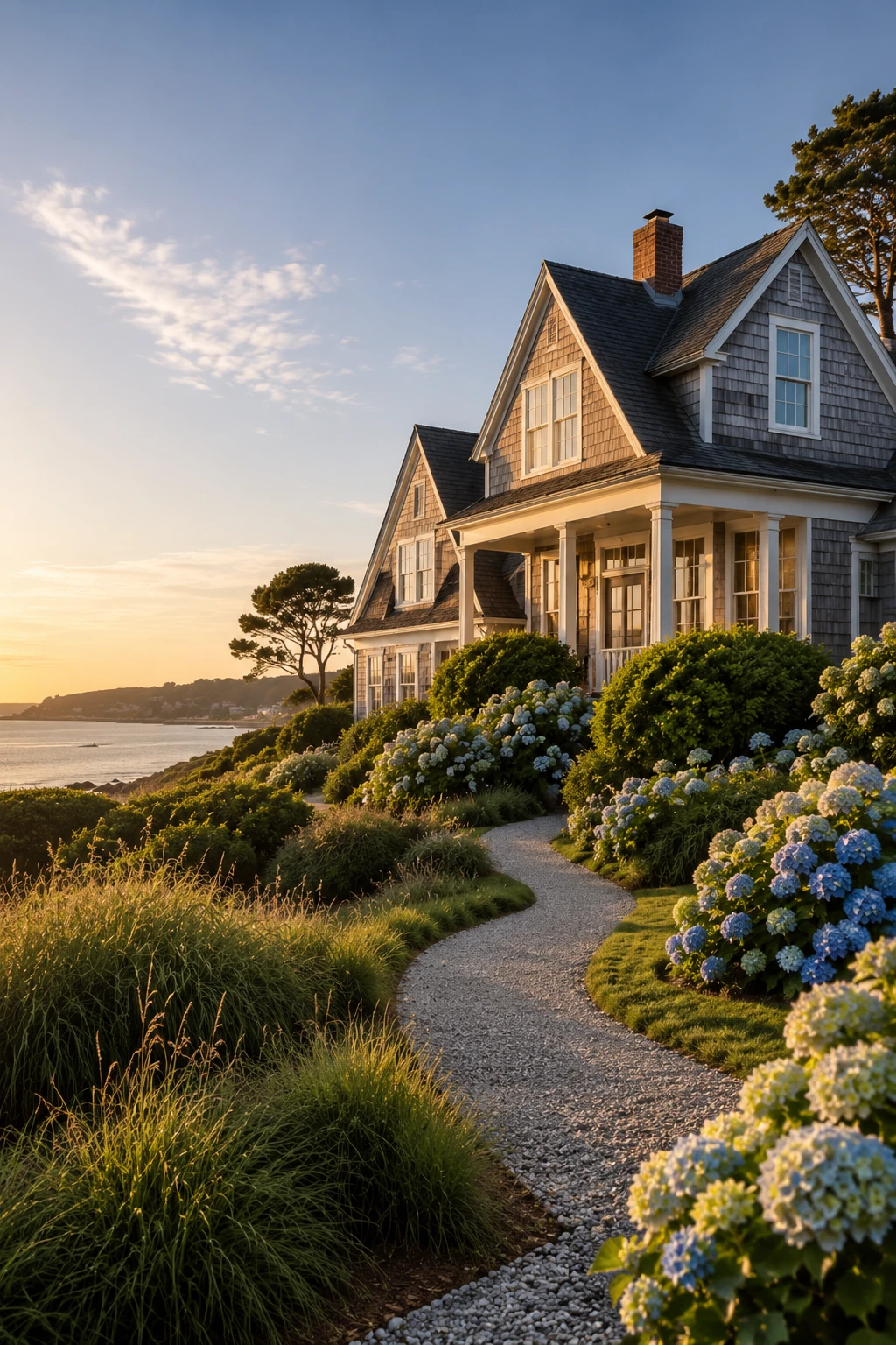 Cape Cod shingle-style waterfront home, hydrangeas, and a winding coastal garden path
